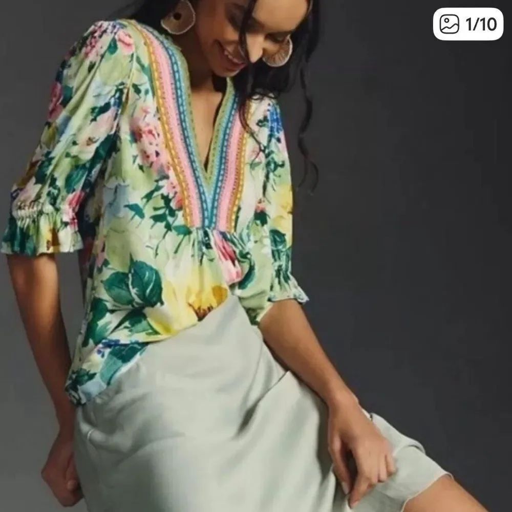 Anthropologie Blank London Floral V-Neck Embroidered Stephanie Blouse XS